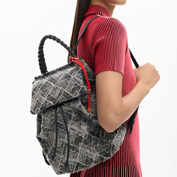 Gently Used Desigual Black Denim Quilted Effect Women's Bag with Red Charms - Picture 2 of 6